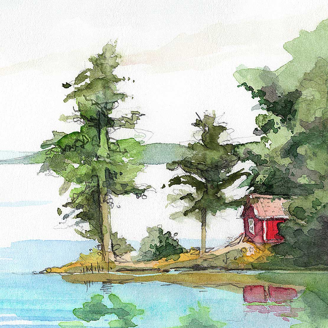 „Swedish Lakeside Landscape“ – Aquarell